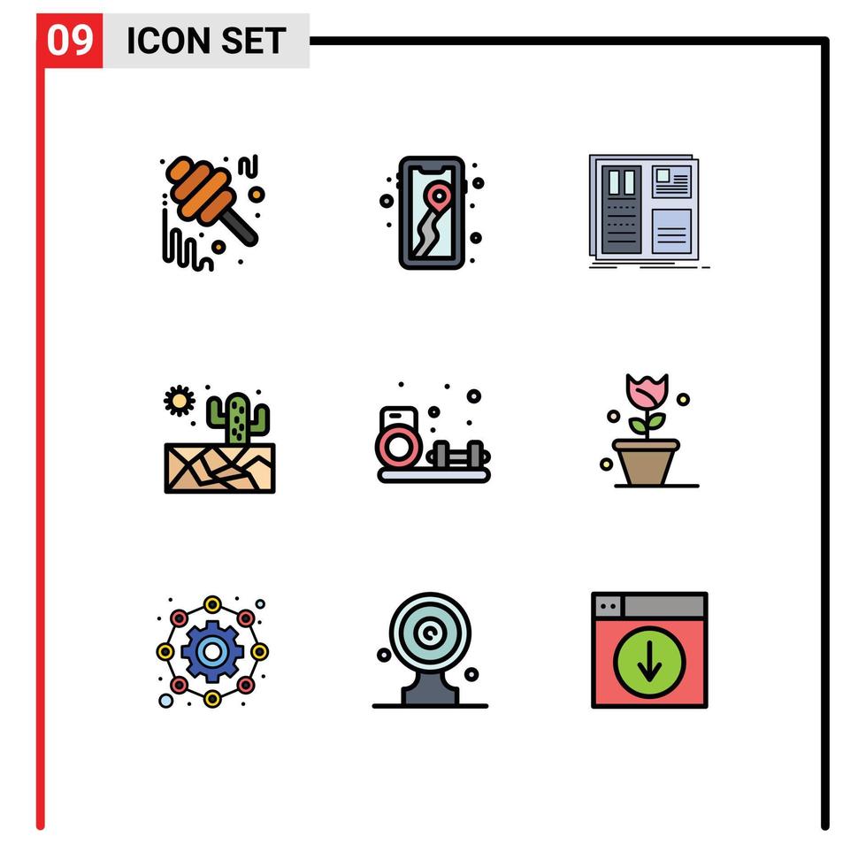 pack de lignes vectorielles modifiables de 9 couleurs plates remplies simples de loisirs soleil camping mise en page de cactus éléments de conception vectoriels modifiables vecteur