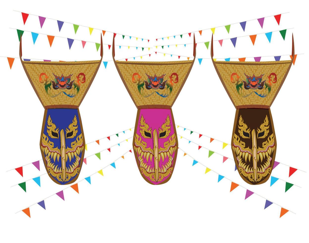 masques vectoriels de masque fantôme, portant des bâtons, deux, sur fond blanc au festival ghosh mash, festival des yeux de khon kaen vecteur
