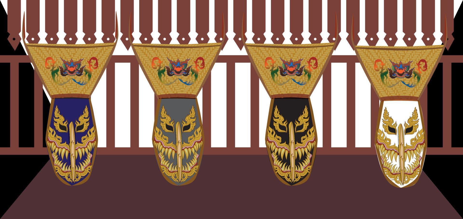masques vectoriels de masque fantôme, portant des bâtons, deux, sur fond blanc au festival ghosh mash, festival des yeux de khon kaen vecteur