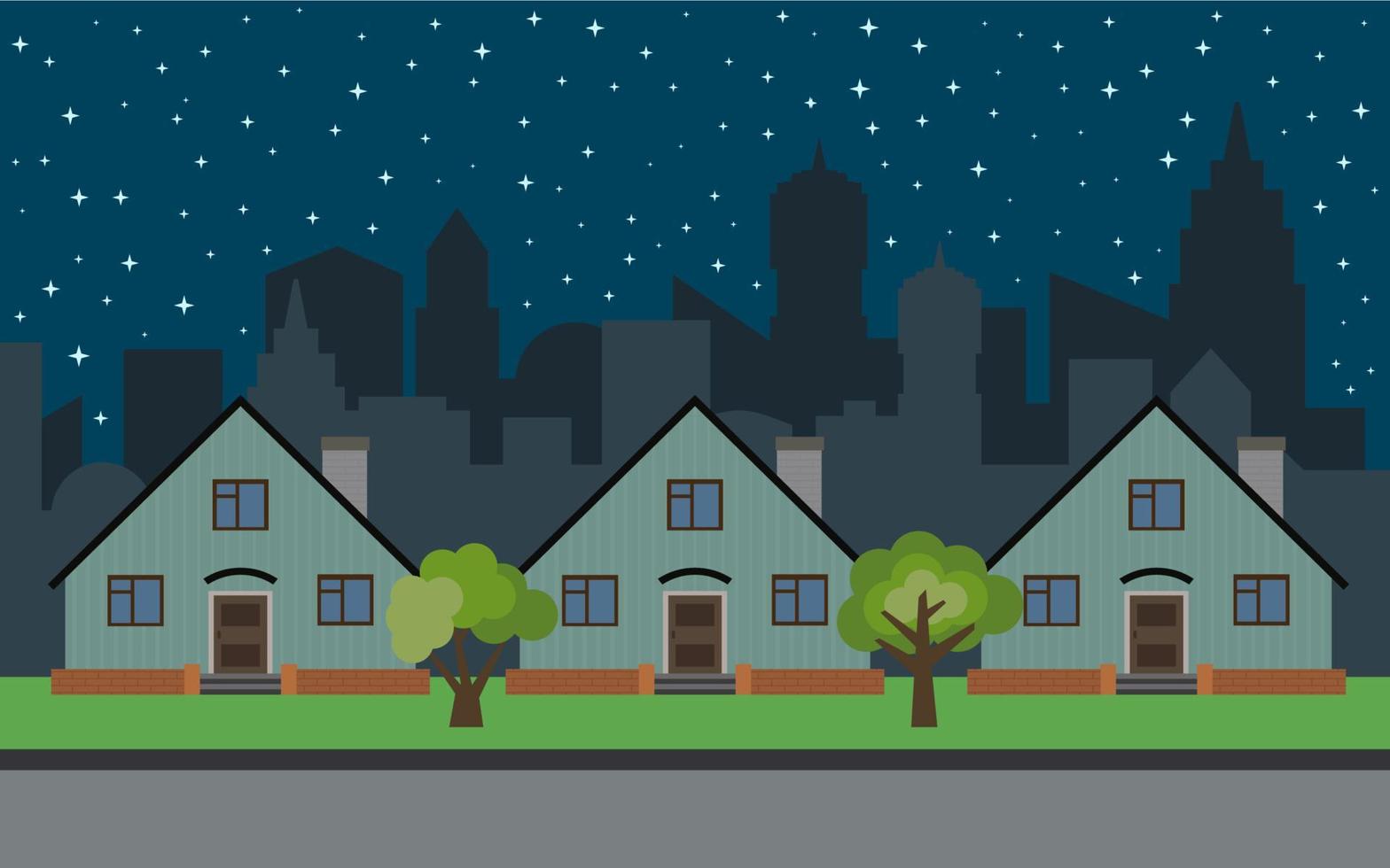 ville vectorielle avec trois maisons de dessin animé et des arbres verts la nuit. paysage urbain d'été. vue sur la rue avec paysage urbain en arrière-plan vecteur