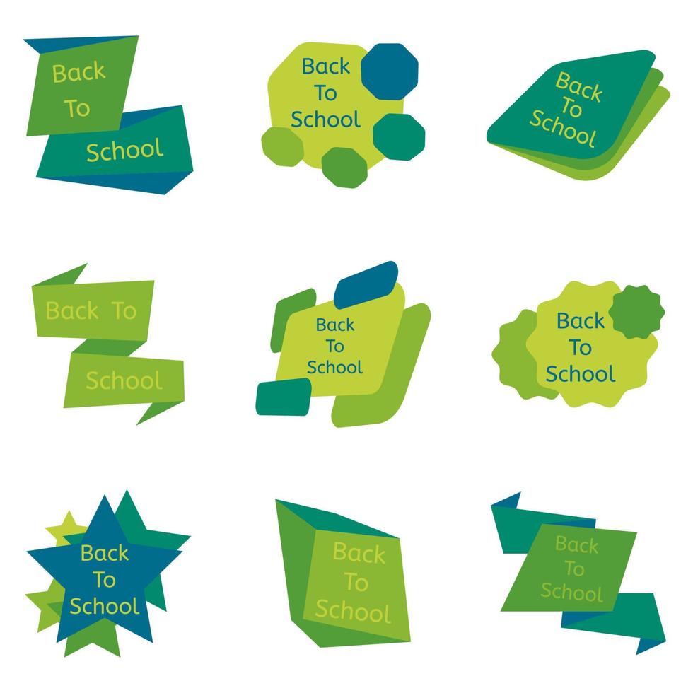 ensemble de neuf badges verts de retour à l'école. étiquettes scolaires et collection d'icônes. illustration vectorielle. vecteur