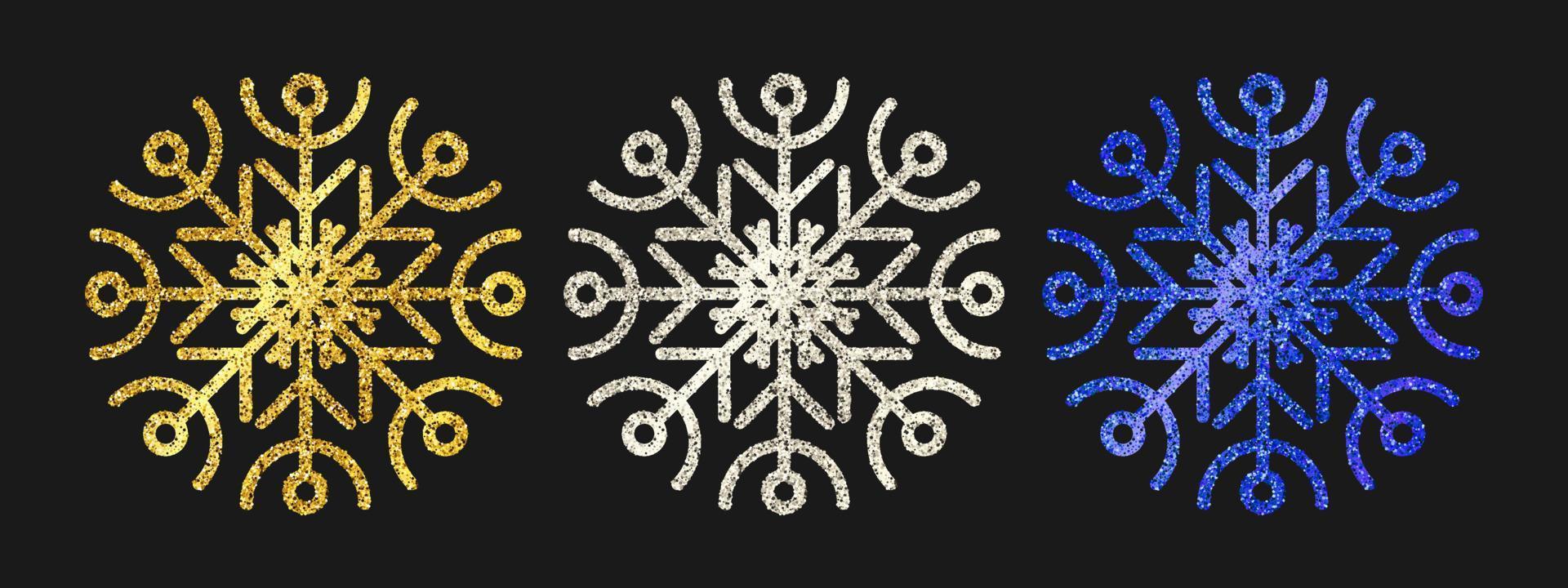 flocons de neige scintillants sur fond sombre. ensemble de trois flocons de neige à paillettes dorées, argentées et bleues. éléments de décoration de noël et du nouvel an. illustration vectorielle. vecteur