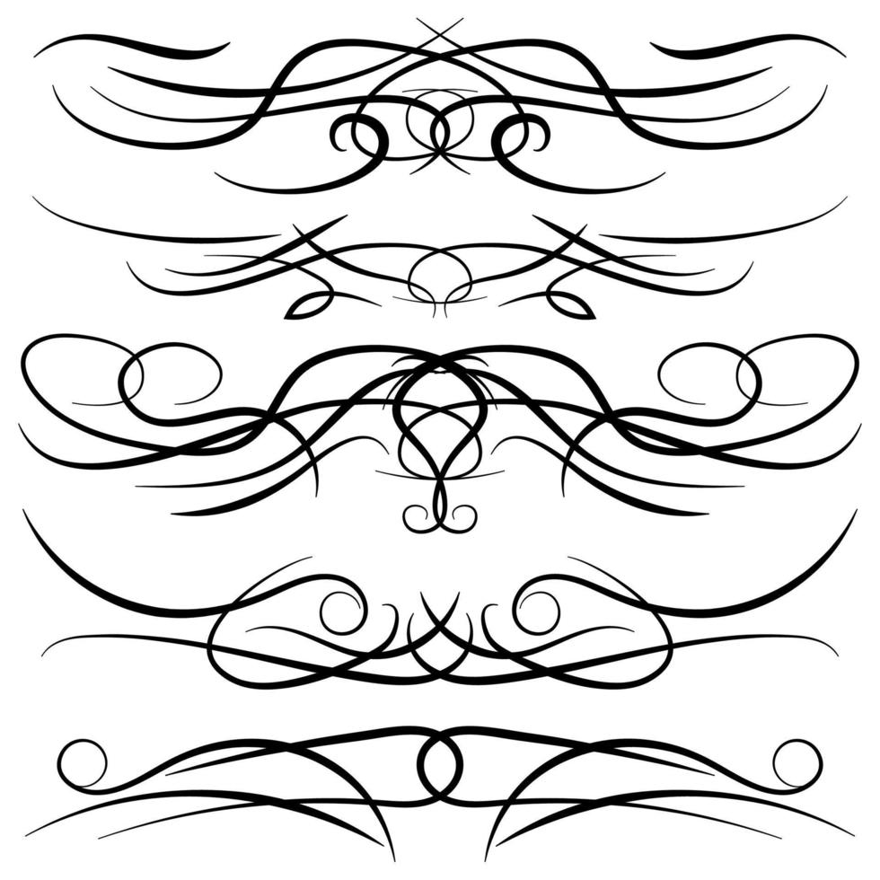 ensemble de boucles décoratives vintage, tourbillons, monogrammes et bordures calligraphiques. éléments de conception de dessin au trait en couleur noire sur fond blanc. illustration vectorielle. vecteur