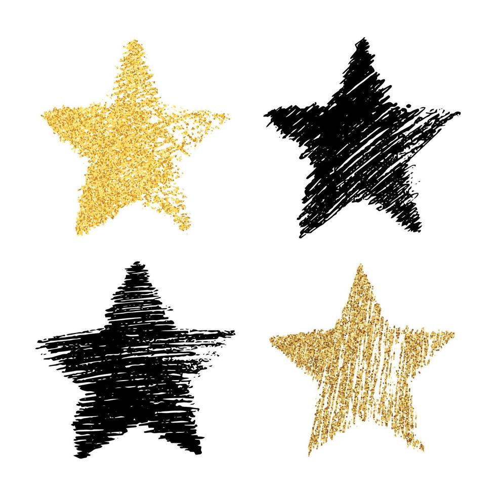 ensemble de quatre étoiles dessinées à la main noires et avec effet de paillettes d'or. forme d'étoile rugueuse dans un style doodle avec effet de paillettes d'or sur fond blanc. illustration vectorielle vecteur
