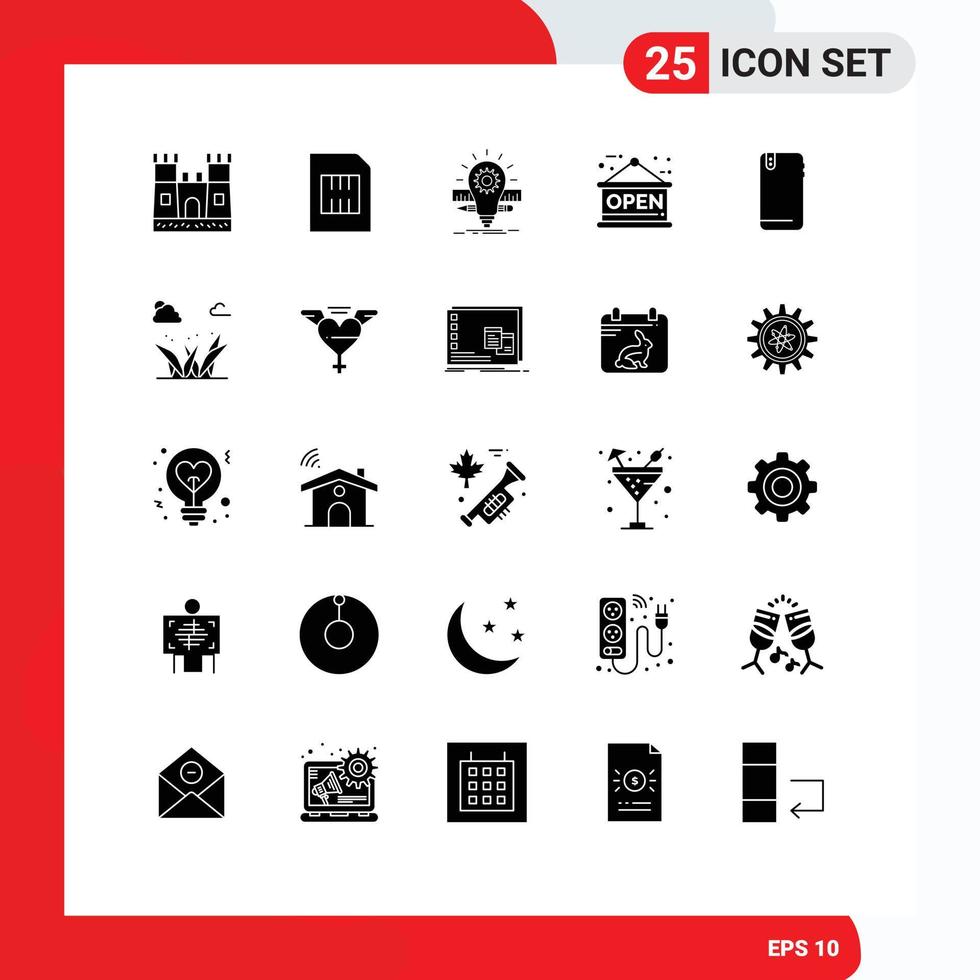 ensemble de 25 glyphes solides vectoriels sur la grille pour le développement de la boutique de téléphones intelligents éléments de conception vectoriels modifiables à l'échelle ouverte vecteur