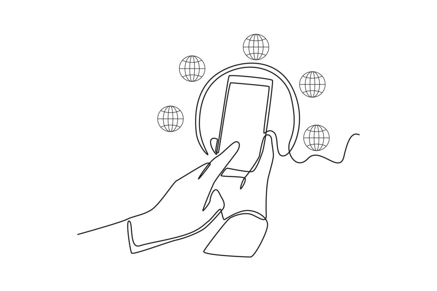 dessin continu d'une ligne à la main à l'aide de smartphones pour établir des connexions réseau mondiales. concept de marketing. illustration graphique vectorielle de dessin à une seule ligne. vecteur