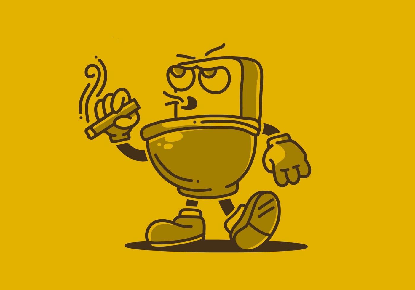 conception d'illustration de la mascotte des toilettes tenant une cigarette vecteur