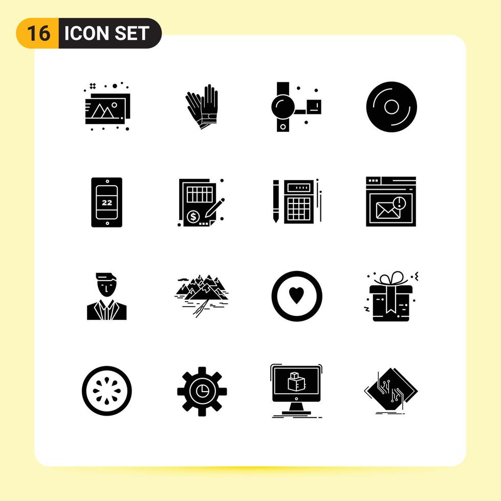pack de 16 signes et symboles de glyphes solides modernes pour les supports d'impression Web tels que les éléments de conception vectoriels modifiables de dvd cd de caméra multimédia mobile vecteur