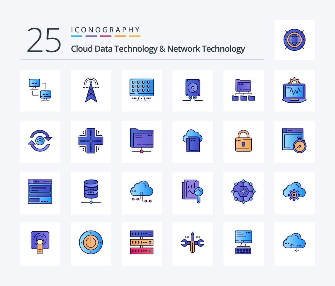 technologie de données cloud et technologie de réseau pack d'icônes rempli de 25 lignes, y compris le dossier. l'informatique. l'informatique. l'audio. serveur vecteur