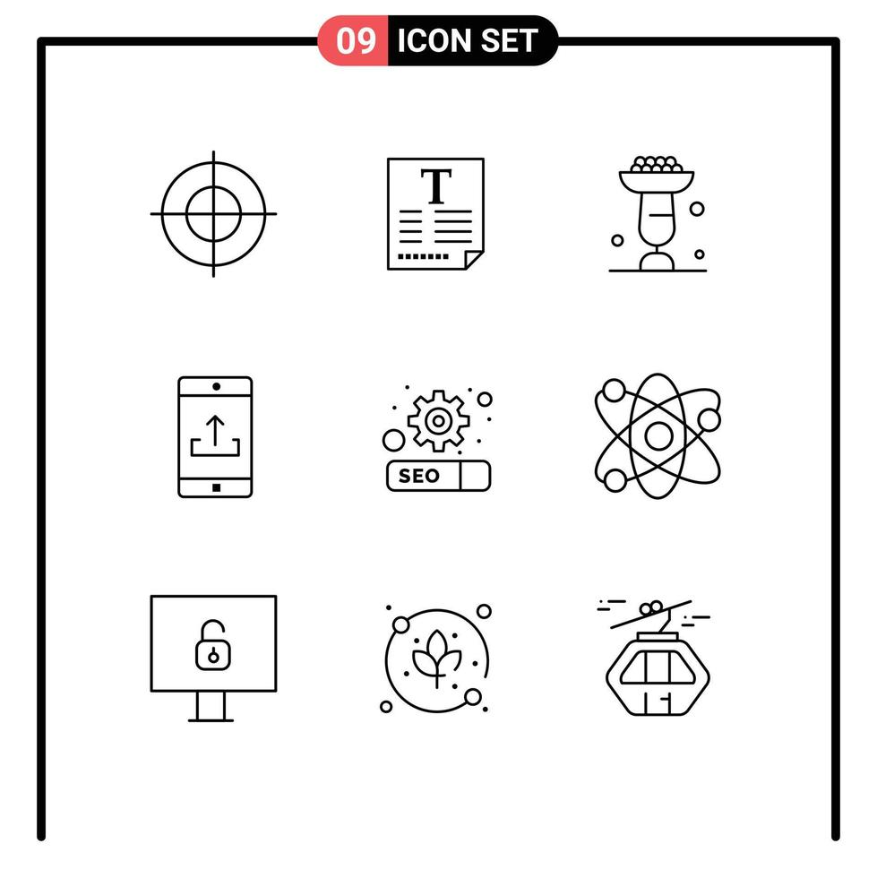 symboles d'icônes universelles groupe de 9 contours modernes d'engrenage smartphone cuisson application mobile application éléments de conception vectoriels modifiables vecteur