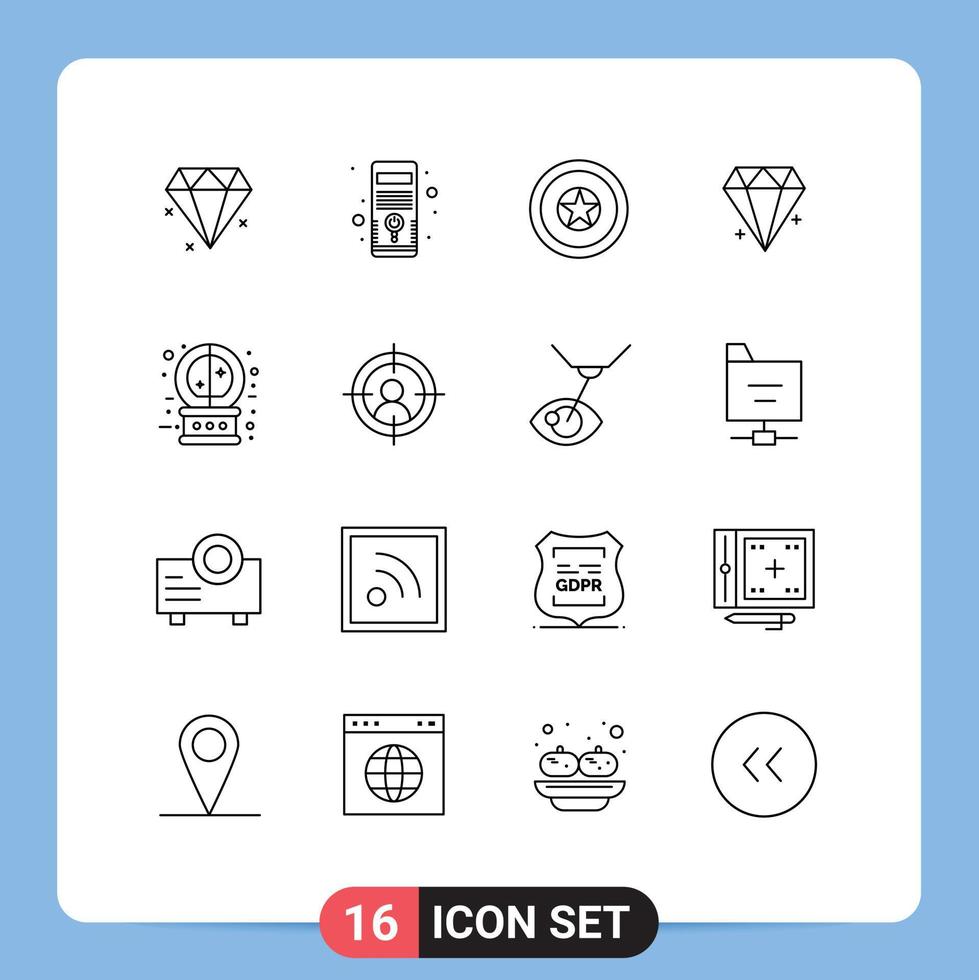 ensemble moderne de 16 contours pictogramme d'éléments de conception vectoriels modifiables de bijoux de boule de cristal de jour de l'indépendance magique vecteur
