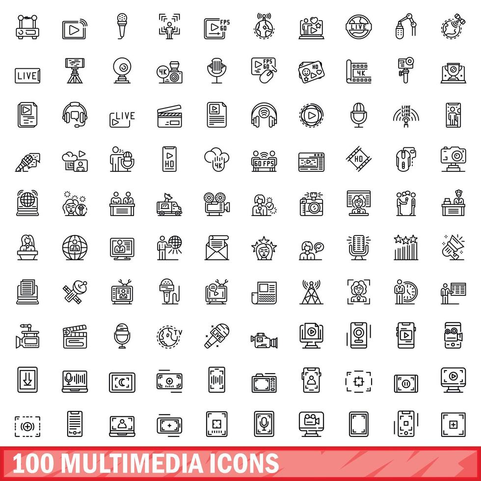 Ensemble de 100 icônes multimédia, style de contour vecteur