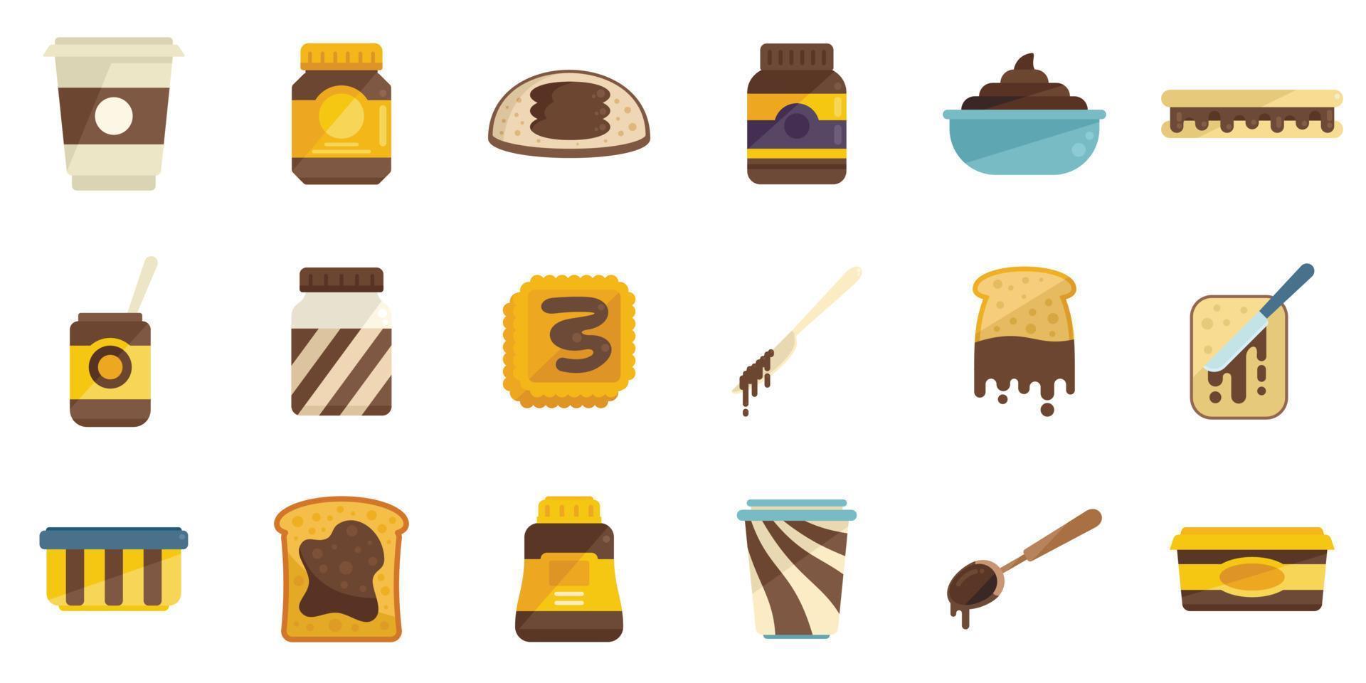 icônes de pâte de chocolat définies vecteur plat. pot bouteille