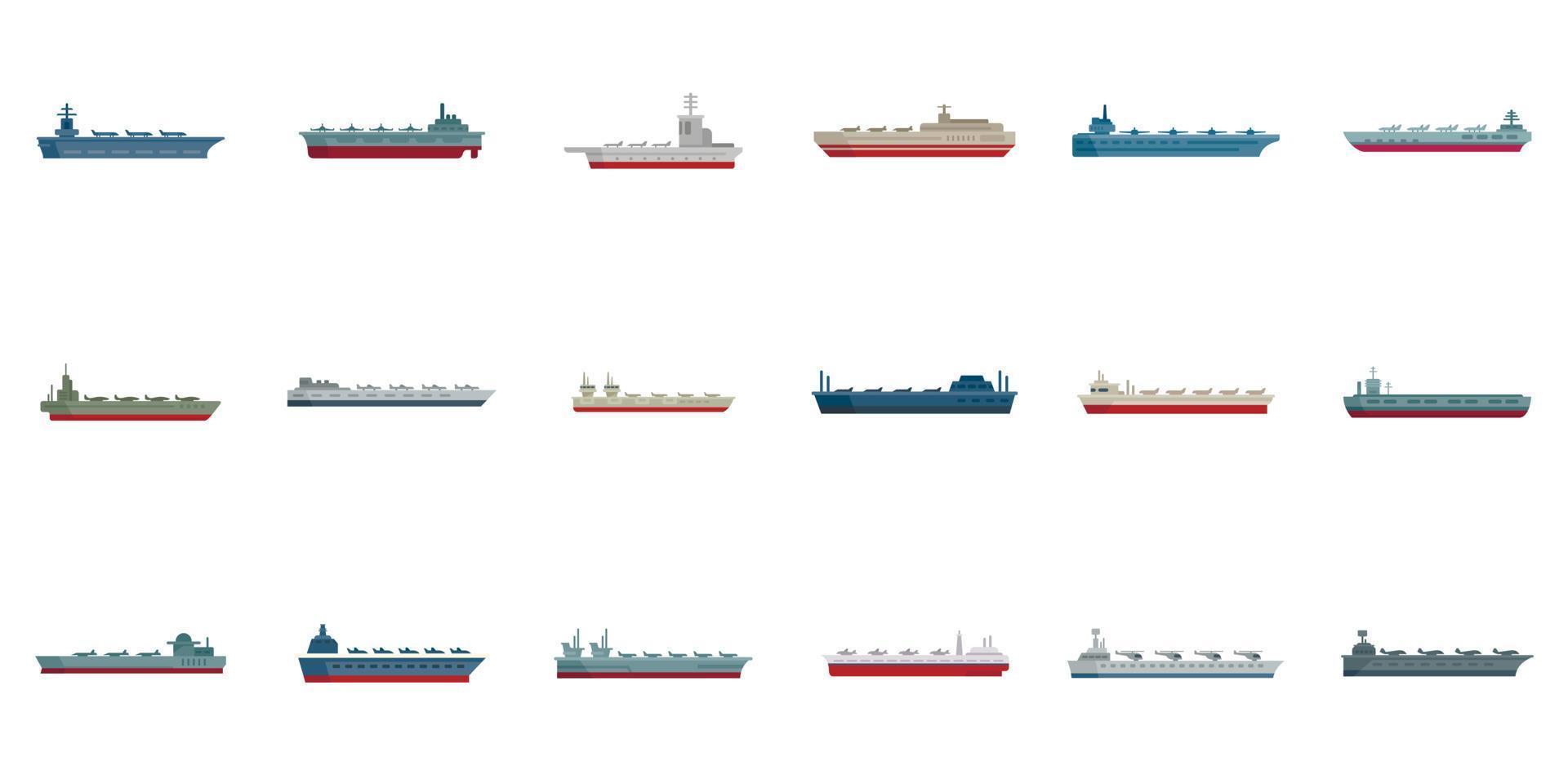 icônes de porte-avions définies vecteur plat. transporteur de l'armée