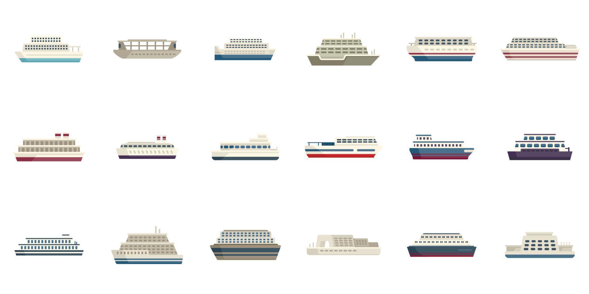 les icônes de ferry définissent un vecteur plat. livraison de bateau