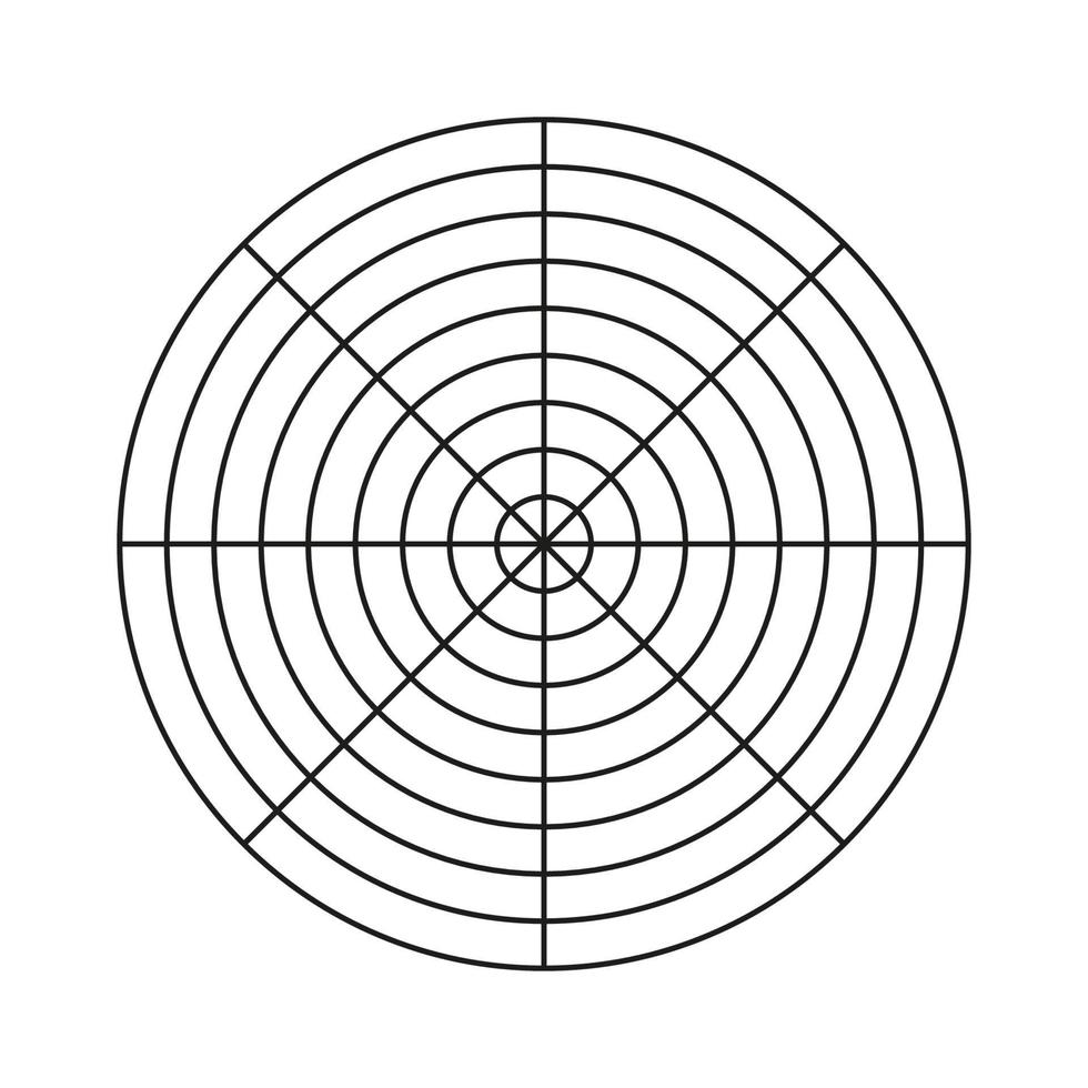 modèle de roue de la vie. outil de coaching simple pour visualiser tous les domaines de la vie. grille polaire de 8 segments et 8 cercles concentriques. papier millimétré polaire vierge. diagramme circulaire de l'équilibre du style de vie. vecteur