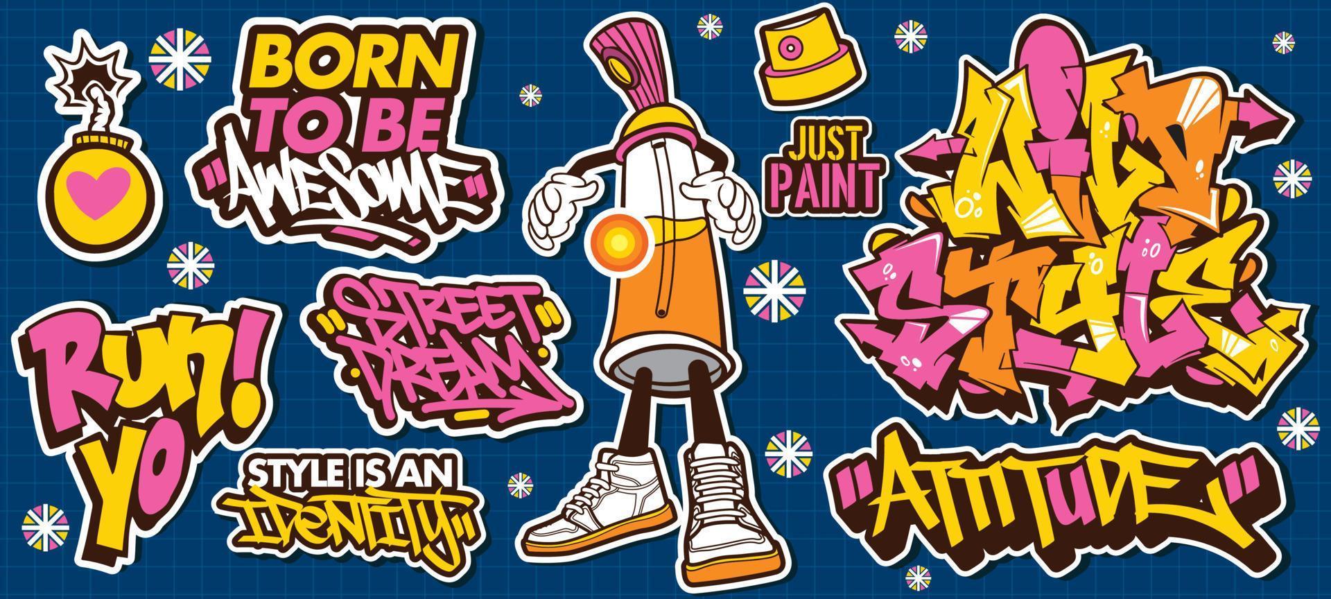 un ensemble d'autocollants d'art graffiti colorés ou vibrants. thème de l'art de la rue, style urbain pour la conception de t-shirts, conception de graffitis pour le papier peint, l'art mural ou les dessins d'art imprimé. vecteur