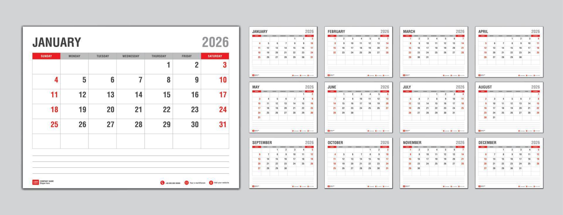 modèle de calendrier mensuel pour l'année 2026, la semaine commence le dimanche, planificateur de l'année 2026, calendrier mural dans un style minimaliste, modèle de calendrier de bureau 2026, conception de calendrier de nouvel an, vecteur de modèle d'entreprise