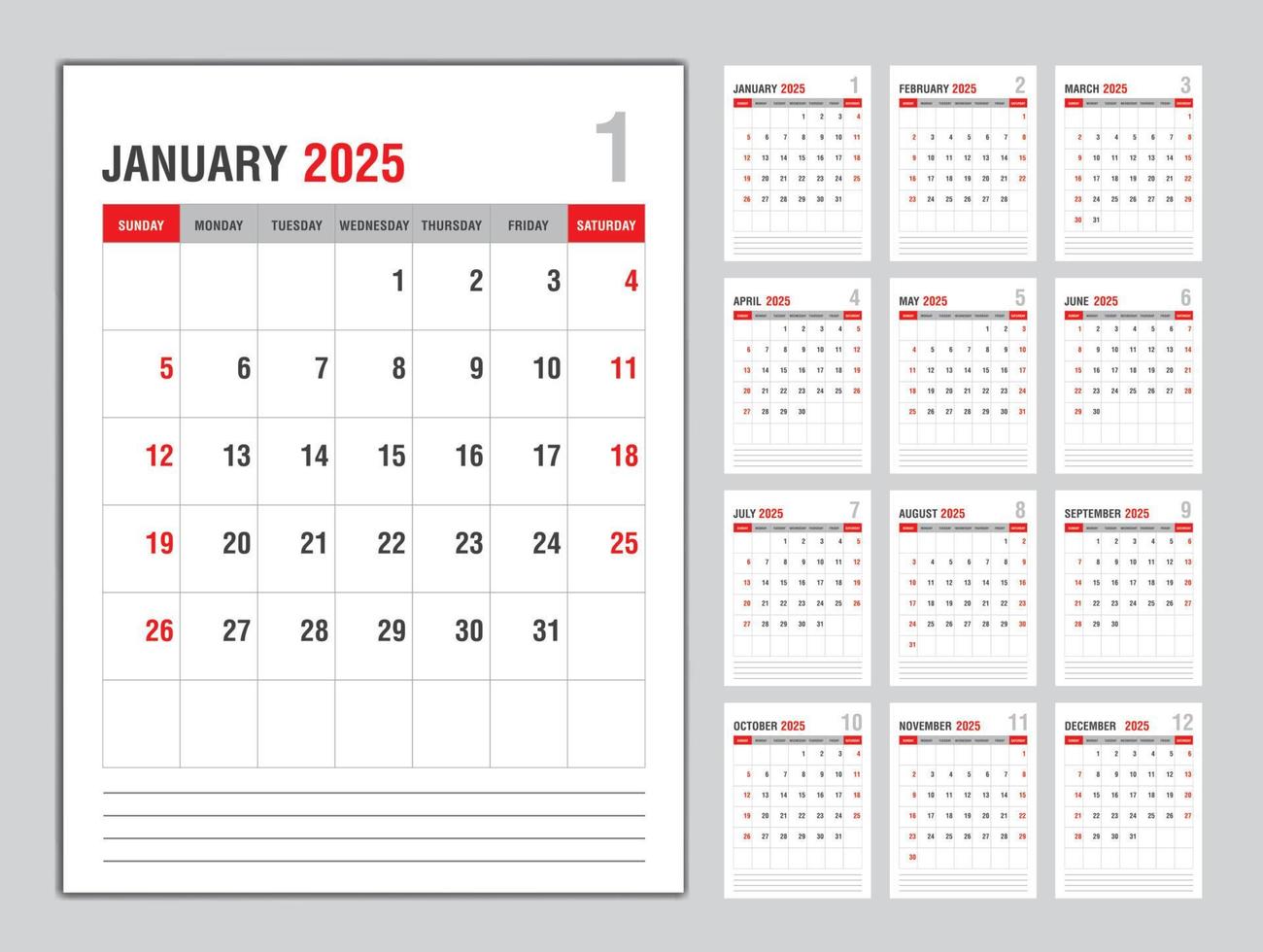 modèle de calendrier mensuel pour l'année 2025, la semaine commence le dimanche, planificateur de l'année 2025, calendrier mural dans un style minimaliste, mise en page verticale du modèle de calendrier de bureau 2025, vecteur de modèle d'entreprise