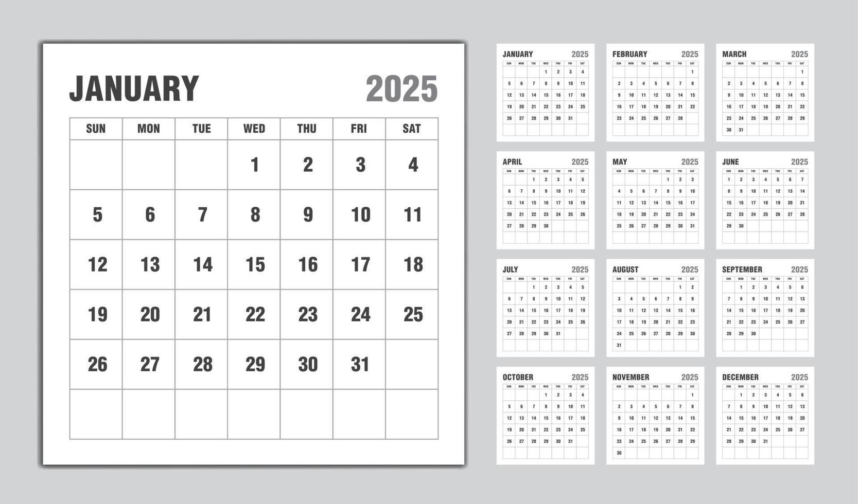 calendrier 2025 année design noir, modèle de calendrier mensuel pour l'année 2025, la semaine commence le dimanche, modèle de calendrier mural minimaliste 2025, planificateur, vecteur de modèle d'entreprise
