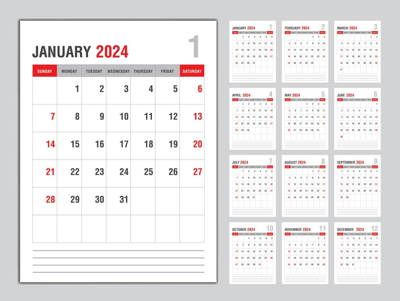 modèle de calendrier mensuel pour 2024 ans, planificateur 2024 ans, la  semaine commence le dimanche. calendrier