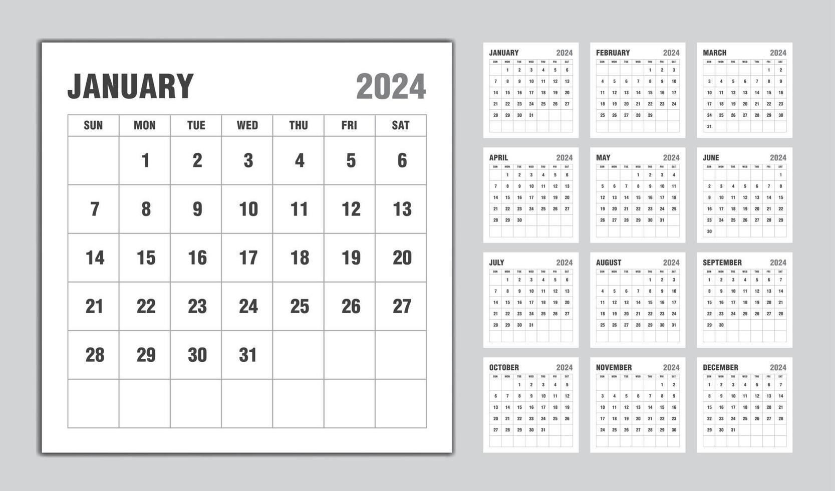 calendrier 2024 année design noir, modèle de calendrier mensuel pour l'année 2024, la semaine commence le dimanche, modèle de calendrier mural minimaliste 2024, planificateur, vecteur de modèle d'entreprise