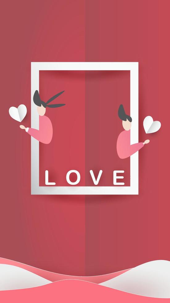 mignon amour papier art saint valentin. avec un beau garçon et une fille de la Saint-Valentin coeur volant, papier découpé sur fond rouge, ciel blanc, nuages, vecteur de style origami. papier pour carte de saint valentin, cadeau, affiche, carte postale.