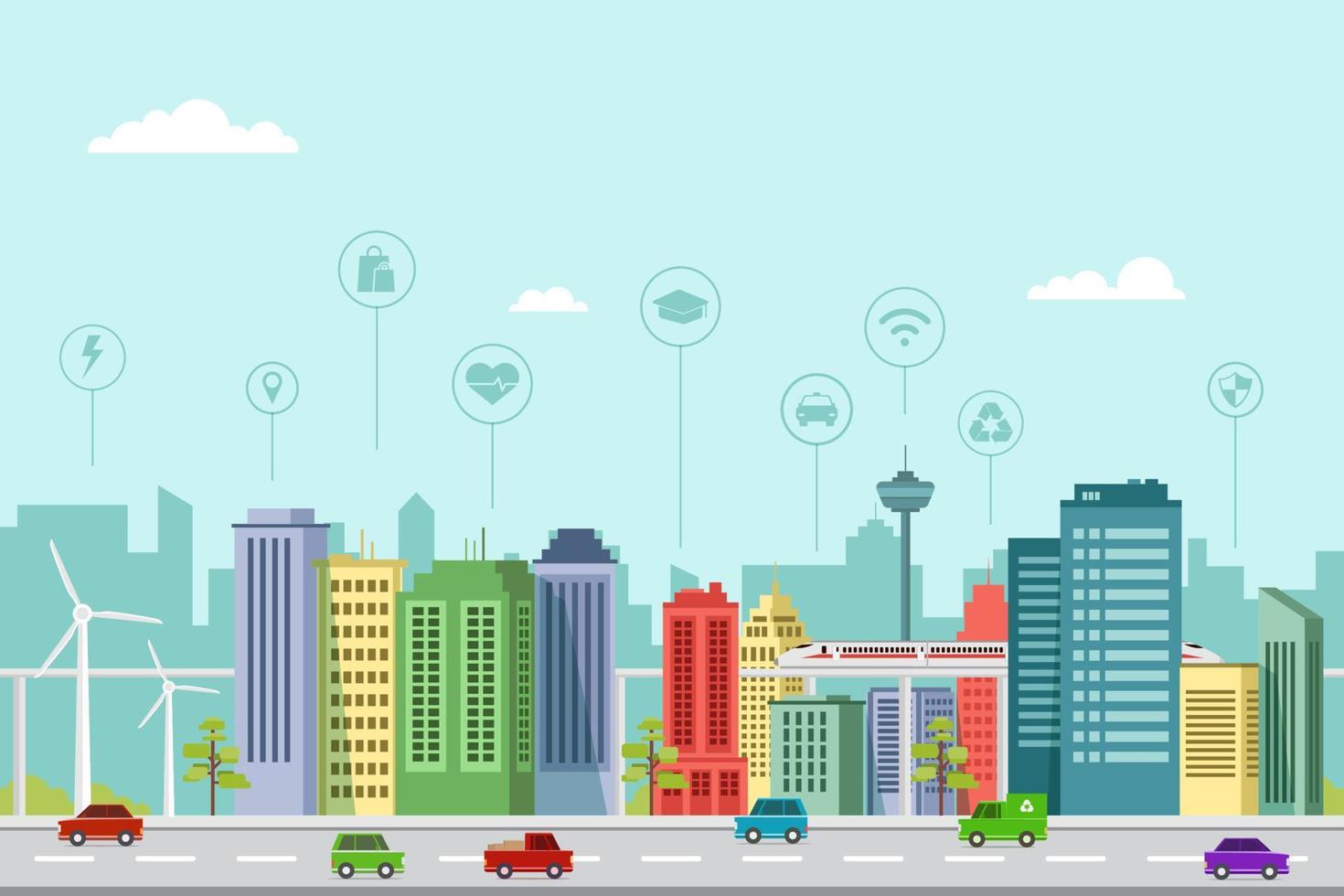 conception à plat de bâtiments de ville intelligente dans un avenir moderne avec des éléments d'informations graphiques vecteur