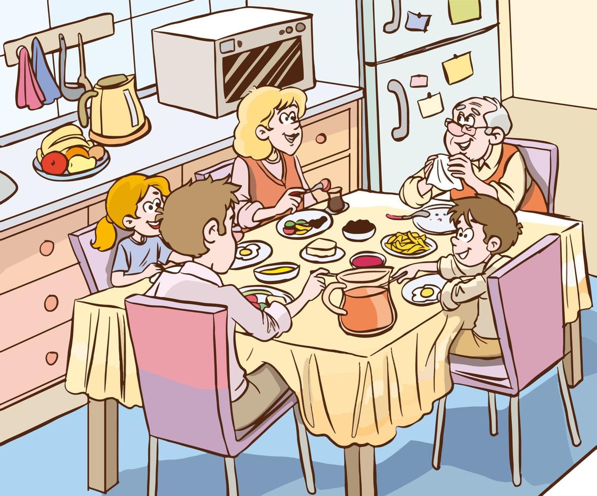 jolie famille heureuse prend son petit déjeuner ensemble illustration vectorielle de dessin animé vecteur