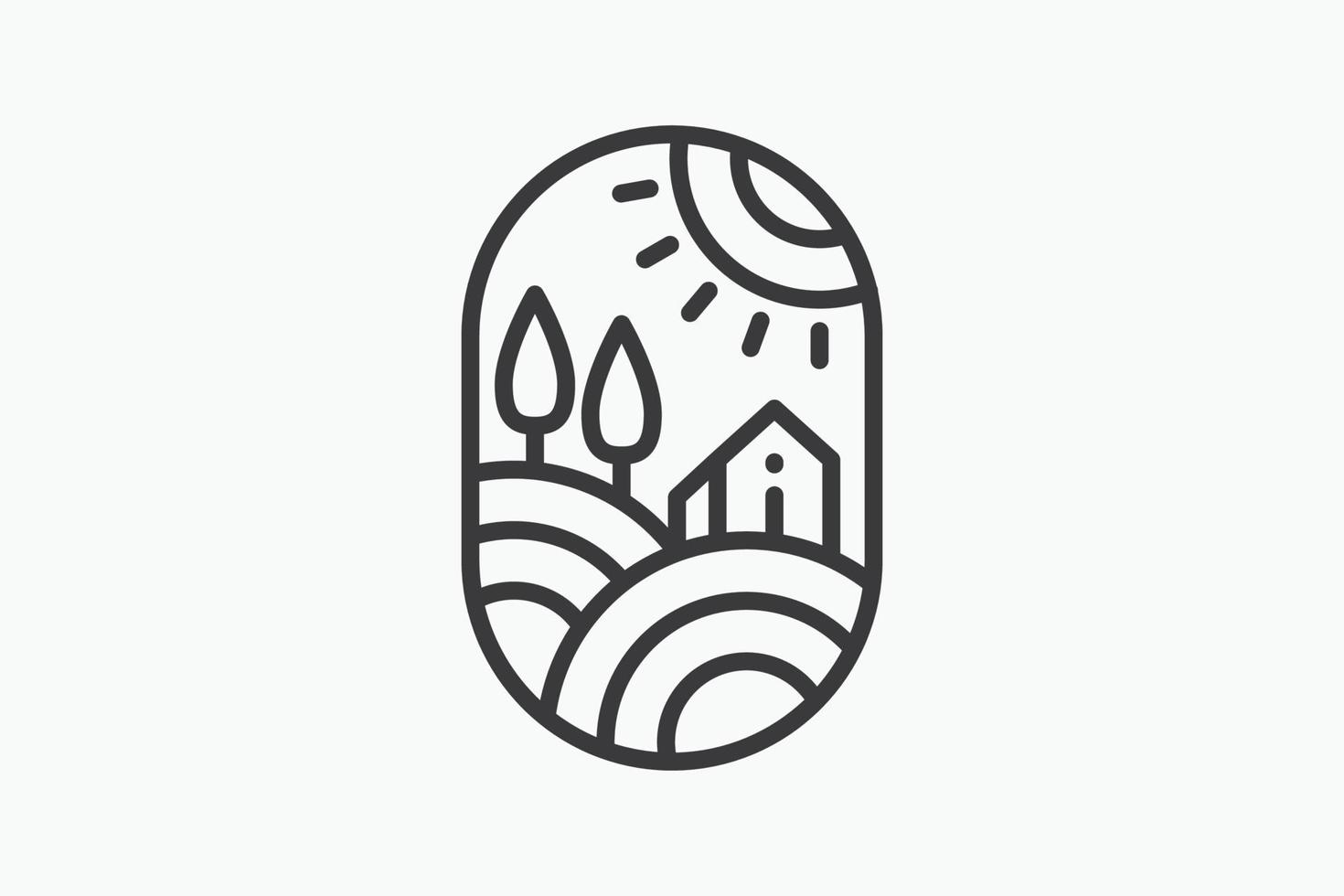 logo agricole d'art en ligne avec une combinaison de grange, de champs, d'arbres et de soleil. vecteur