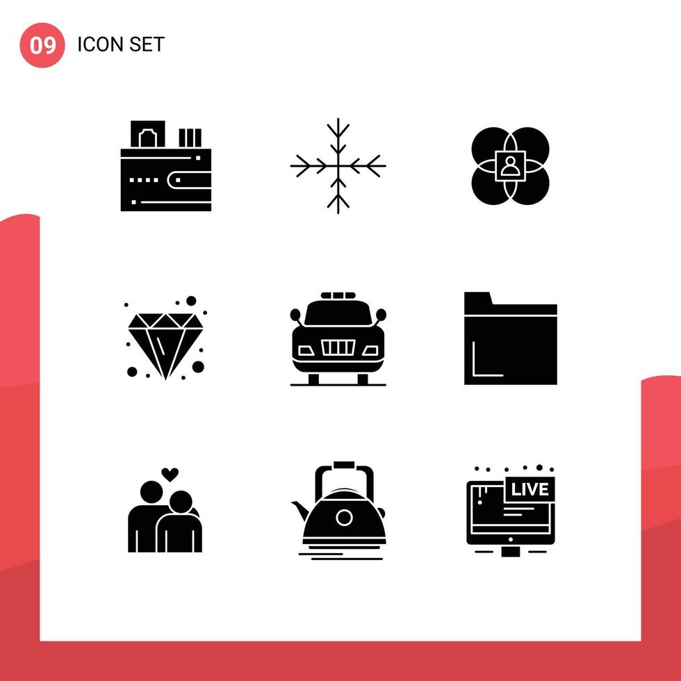 interface mobile glyphe solide ensemble de 9 pictogrammes de bijou d'urgence caractéristiques conception de diamant éléments de conception vectoriels modifiables vecteur