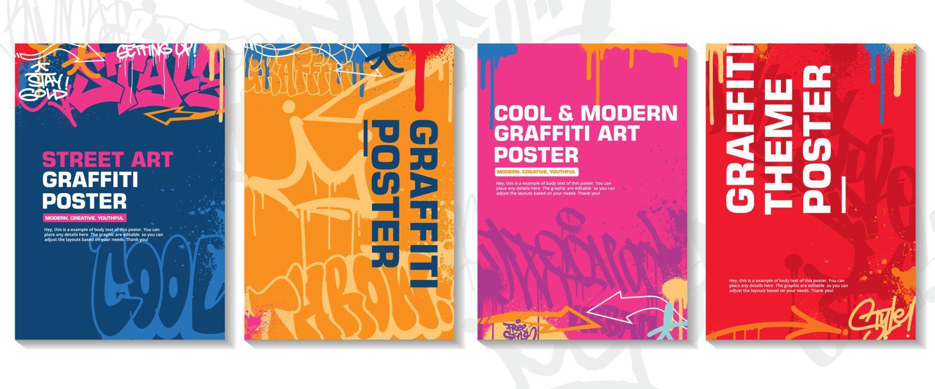affiche d'art graffiti moderne ou conception de flyer avec des étiquettes colorées, vomir. vecteur d'illustration graffiti abstrait dessiné à la main dans le thème de l'art de la rue