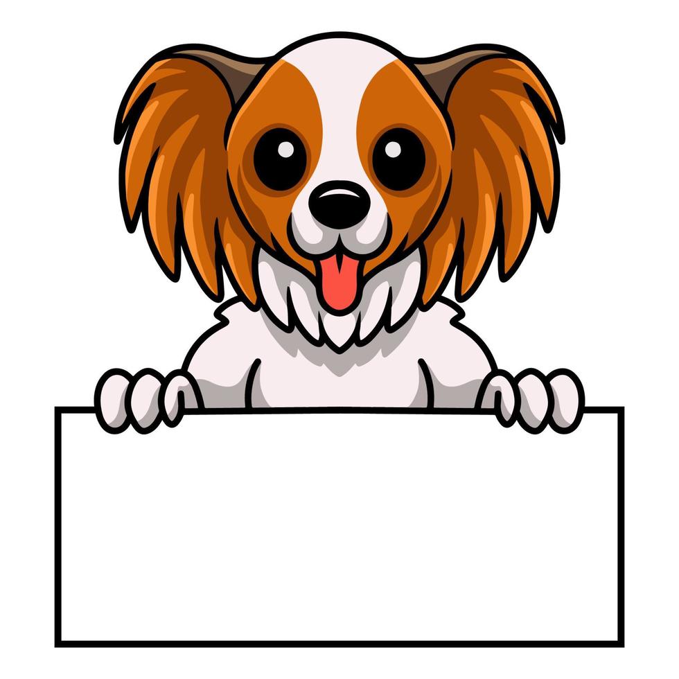 dessin animé mignon chien papillon tenant une pancarte blanche vecteur