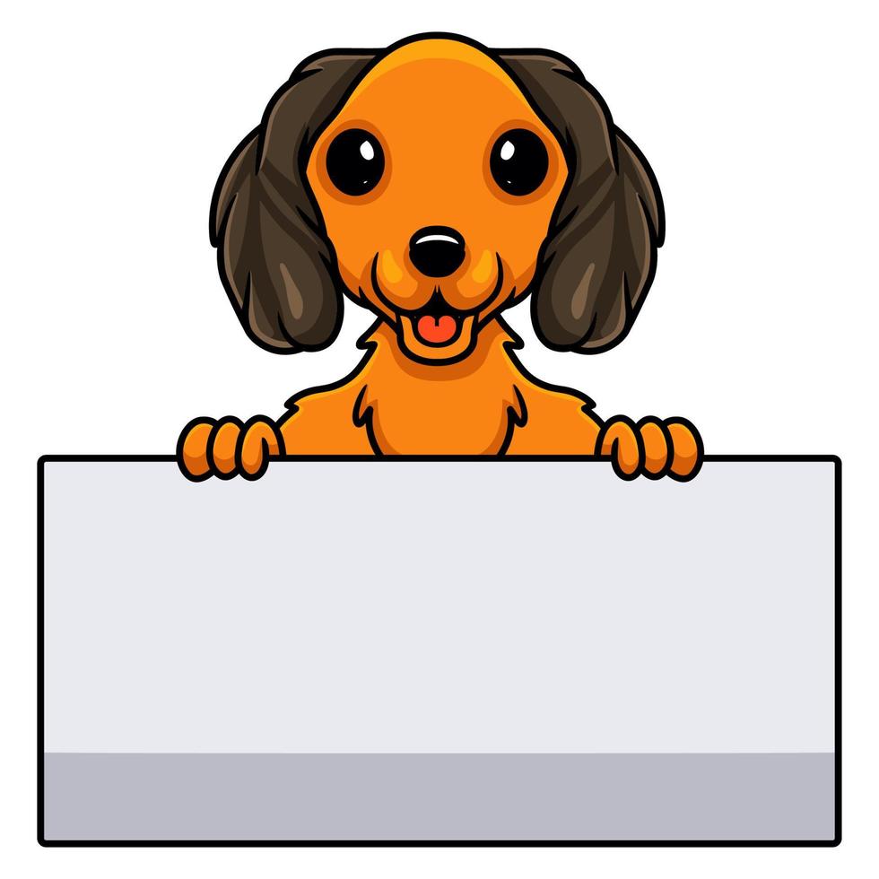 dessin animé mignon chien teckel tenant une pancarte blanche vecteur