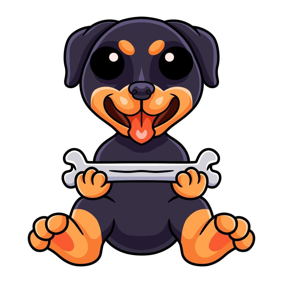 dessin animé mignon petit chien rottweiler tenant un os vecteur