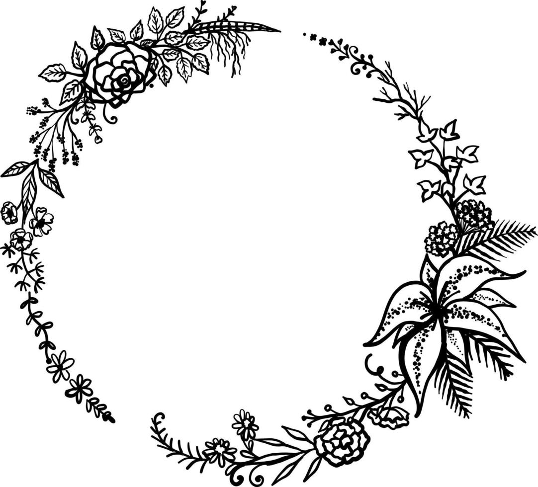 illustration vectorielle d'ornement de cadre floral circulaire en couleurs noir et blanc vecteur