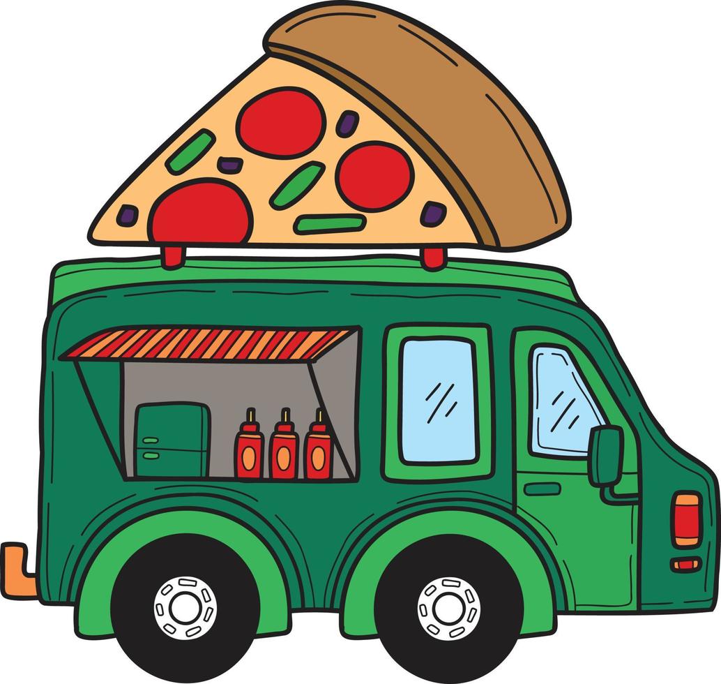 camion de nourriture dessiné à la main et illustration de pizza vecteur