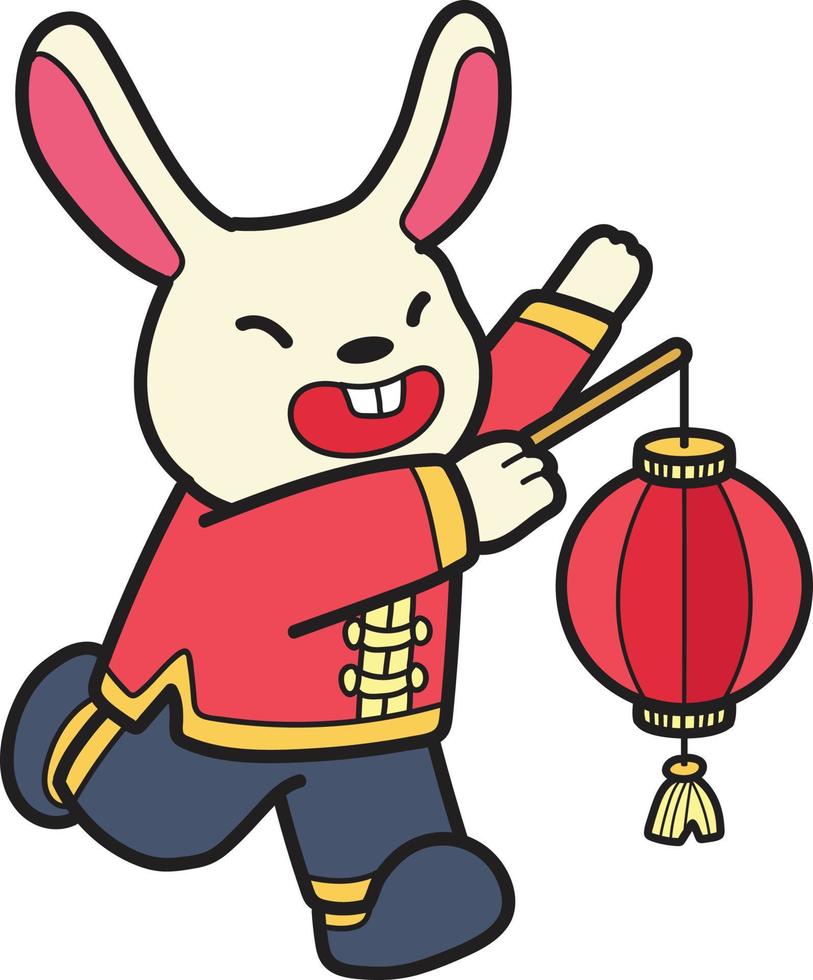 lapin chinois dessiné à la main avec illustration de lanterne vecteur