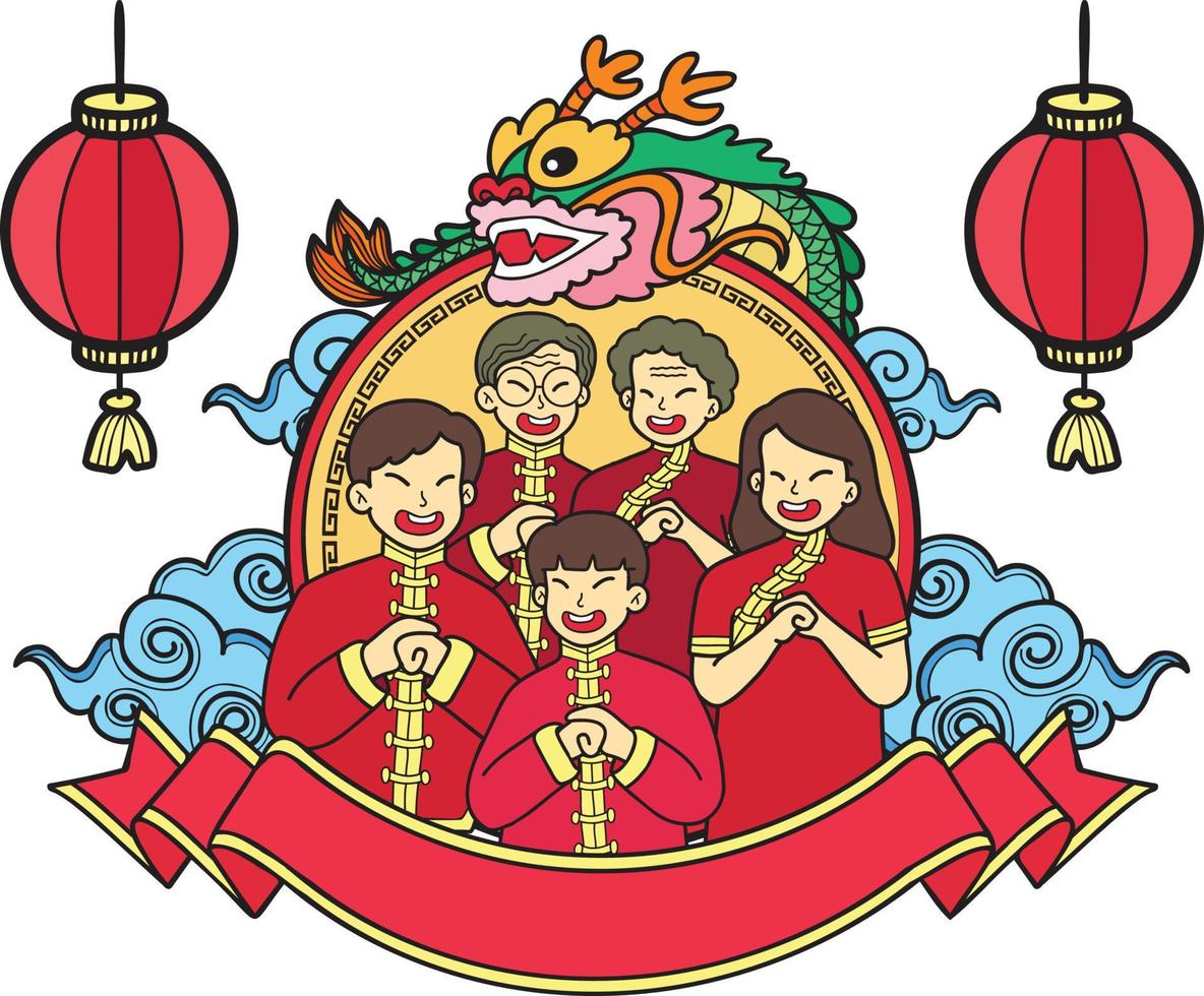 nouvel an chinois dessiné à la main et illustration de la famille chinoise vecteur