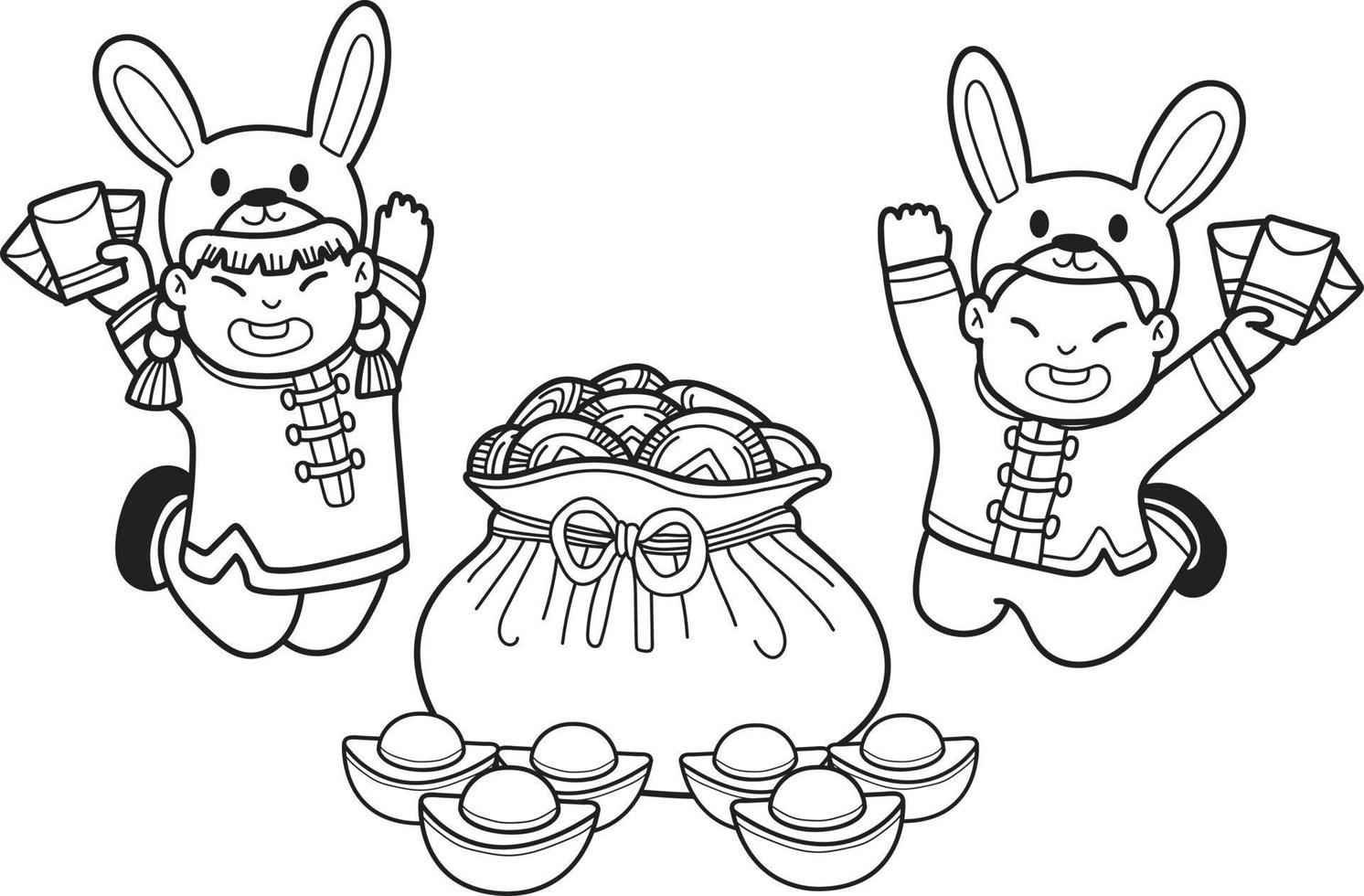 enfant chinois dessiné à la main portant un chapeau de lapin et une illustration de sac d'argent vecteur