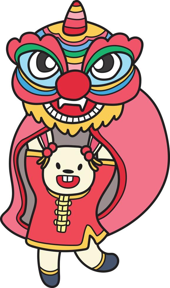 lion chinois dessiné à la main dansant avec une illustration de lapin vecteur