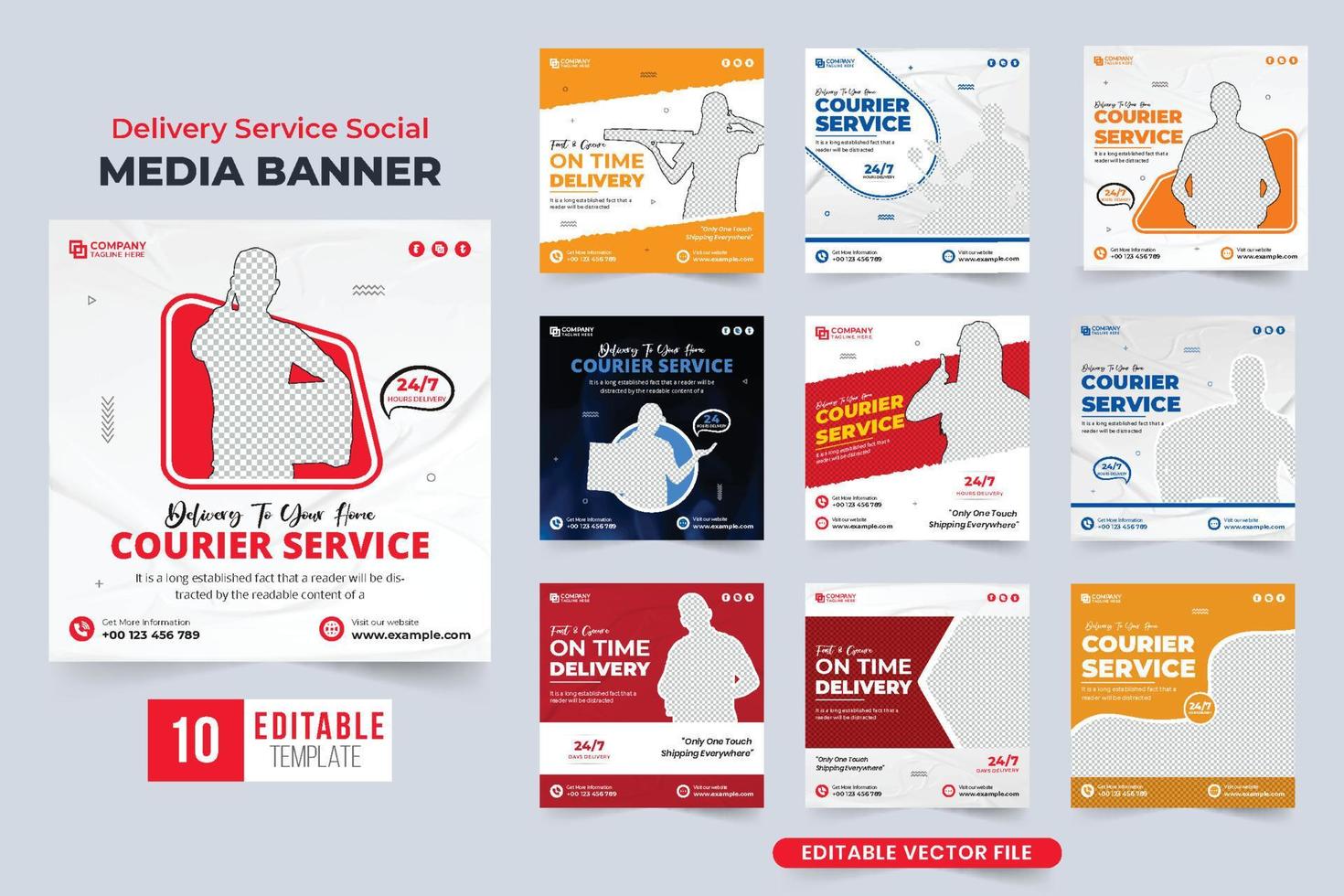 conception de jeu de bannière web promotionnelle de service de livraison express avec des couleurs rouges et jaunes. collection d'affiches publicitaires d'entreprise de messagerie pour le marketing. service de livraison à domicile ensemble de publications sur les médias sociaux. vecteur