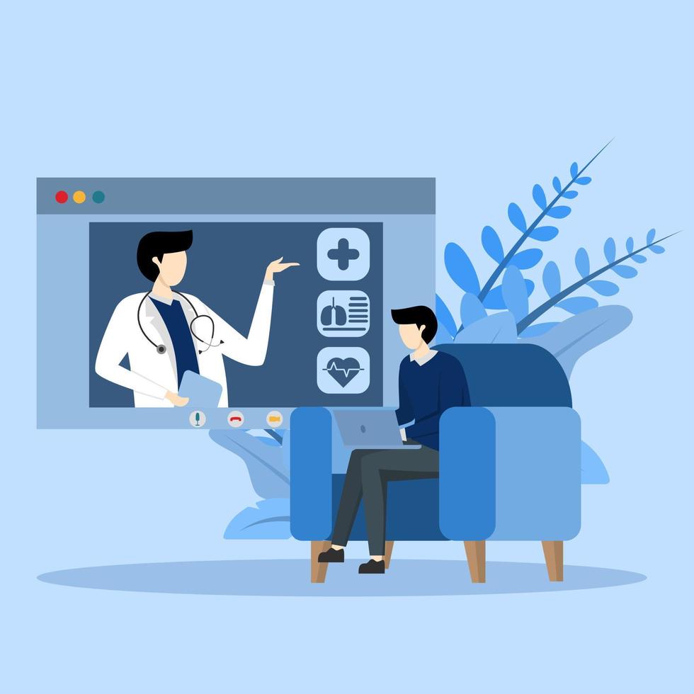 concept de dossiers de santé électroniques et de services médicaux en ligne. médecin à l'hôpital lisant le dme du patient. les patients effectuent des consultations en ligne avec des médecins spécialistes. illustration vectorielle. vecteur