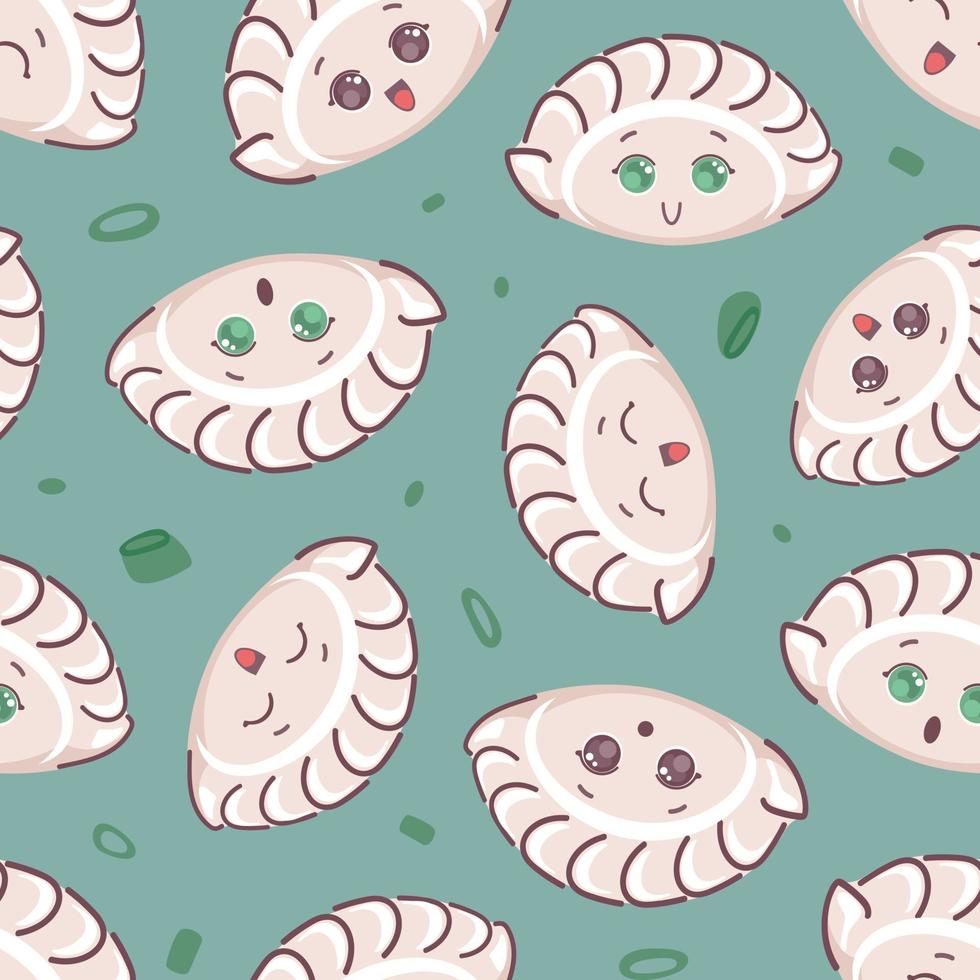 jiaozi et verts. boulettes frites du nouvel an chinois à motif harmonieux, en forme d'anciens lingots d'argent et d'or. personnage de dessin animé mignon. pour le menu café, papier peint, tissu, emballage, arrière-plan. vecteur