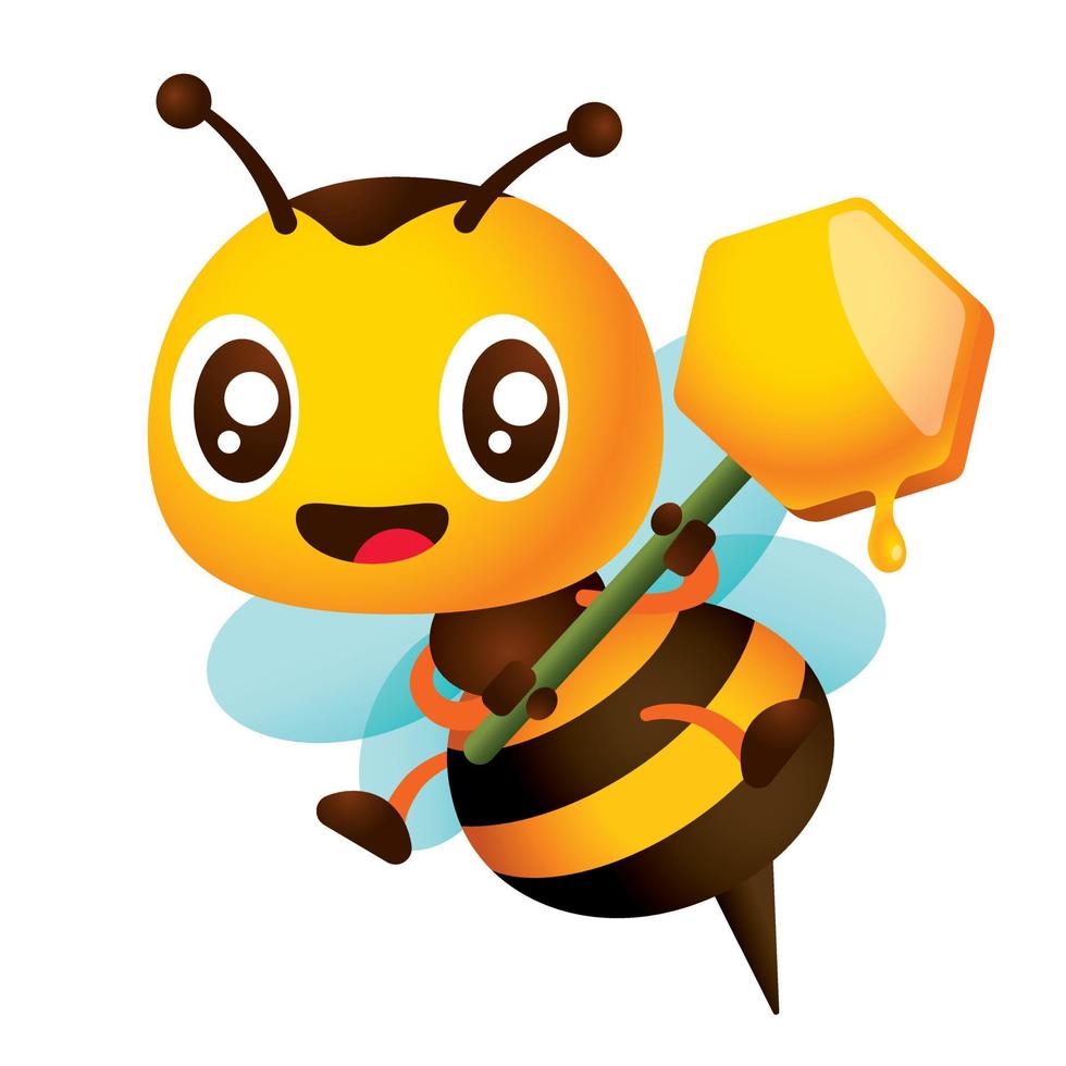dessin animé mignon abeille aux yeux clignotants avec deux mains tenant une signalisation en forme de peigne à miel. miel dégoulinant d'illustration de peigne à miel vecteur