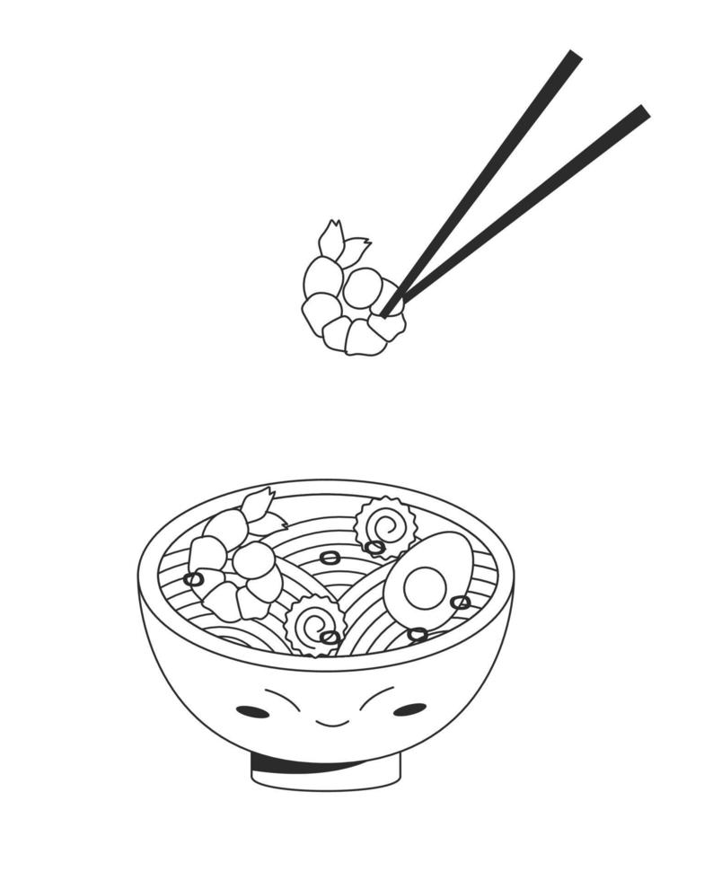 bol mignon avec le visage avec des ramen japonais traditionnels avec des narutomaki de crevettes aux œufs et des crevettes dans des baguettes. illustration de stock de vecteur isolé sur fond blanc. style de contour