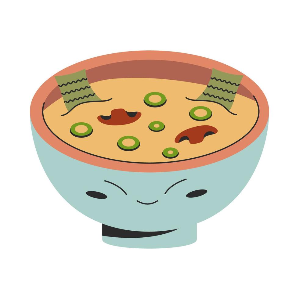 bol mignon avec illustration de nourriture de soupe miso végétalienne traditionnelle coréenne avec oignon vert aux champignons d'algues. illustration de stock de vecteur isolé sur fond blanc. style plat