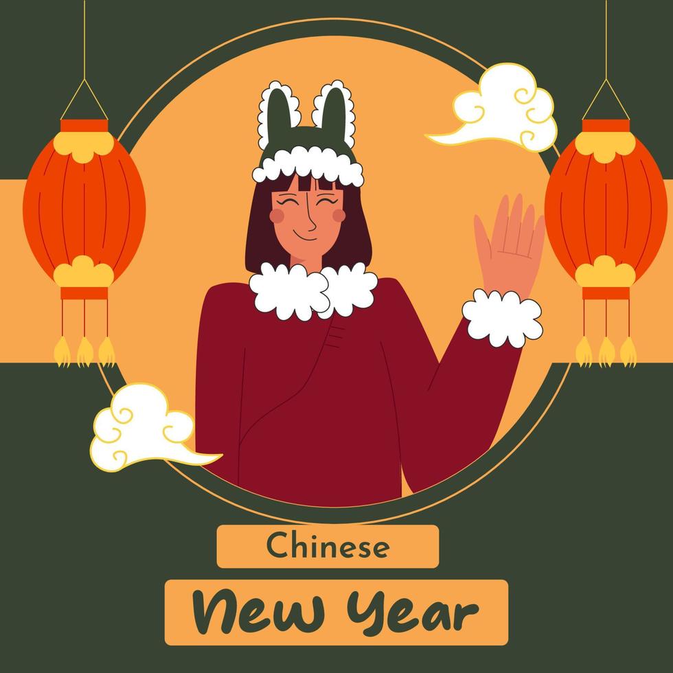 conception de bannières web du nouvel an chinois avec une femme dans la tradition des vêtements chinois et des éléments de lanterne. illustration de stock de vecteur. vecteur