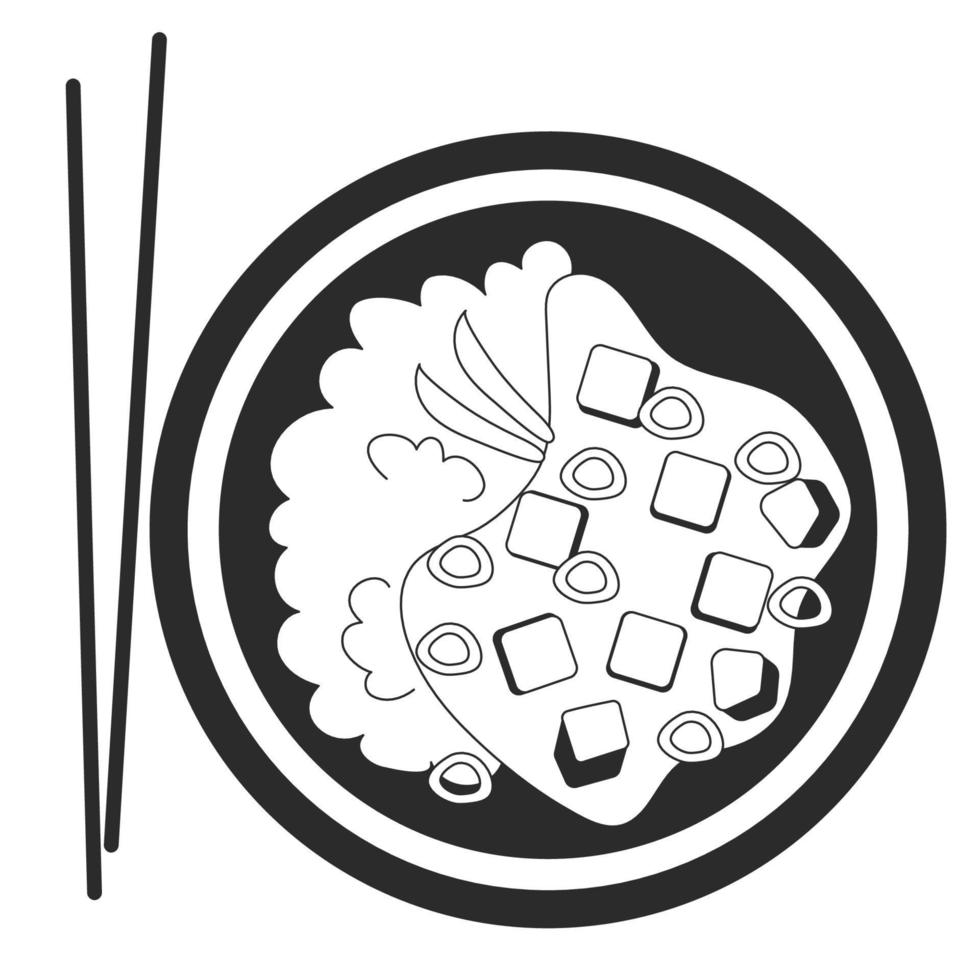 mapo tofu avec du riz dans une sauce épicée avec de l'oignon vert nourriture vue de dessus illustration cuisine chinoise en noir et blanc. illustration de stock de vecteur isolé sur fond blanc. style de contour