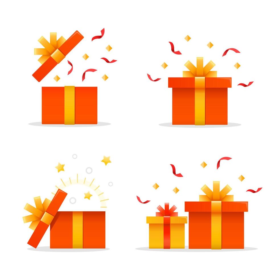 ensemble de coffrets cadeaux. coffret cadeau est ouvert à la surprise. illustration vectorielle. vecteur